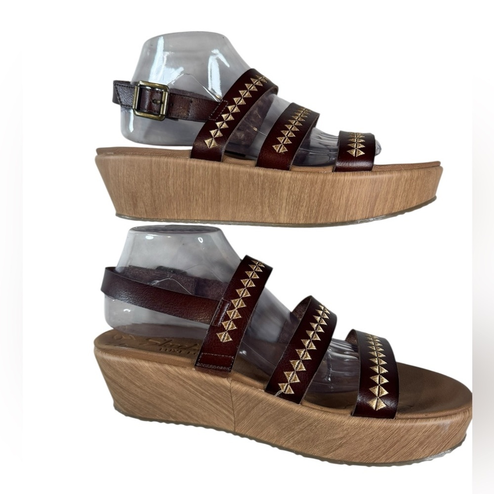 Skechers Brown Leather Wedge Sandals 10 Coastal Resort Preppy Y2K Soft Girl - Picture 6 of 8